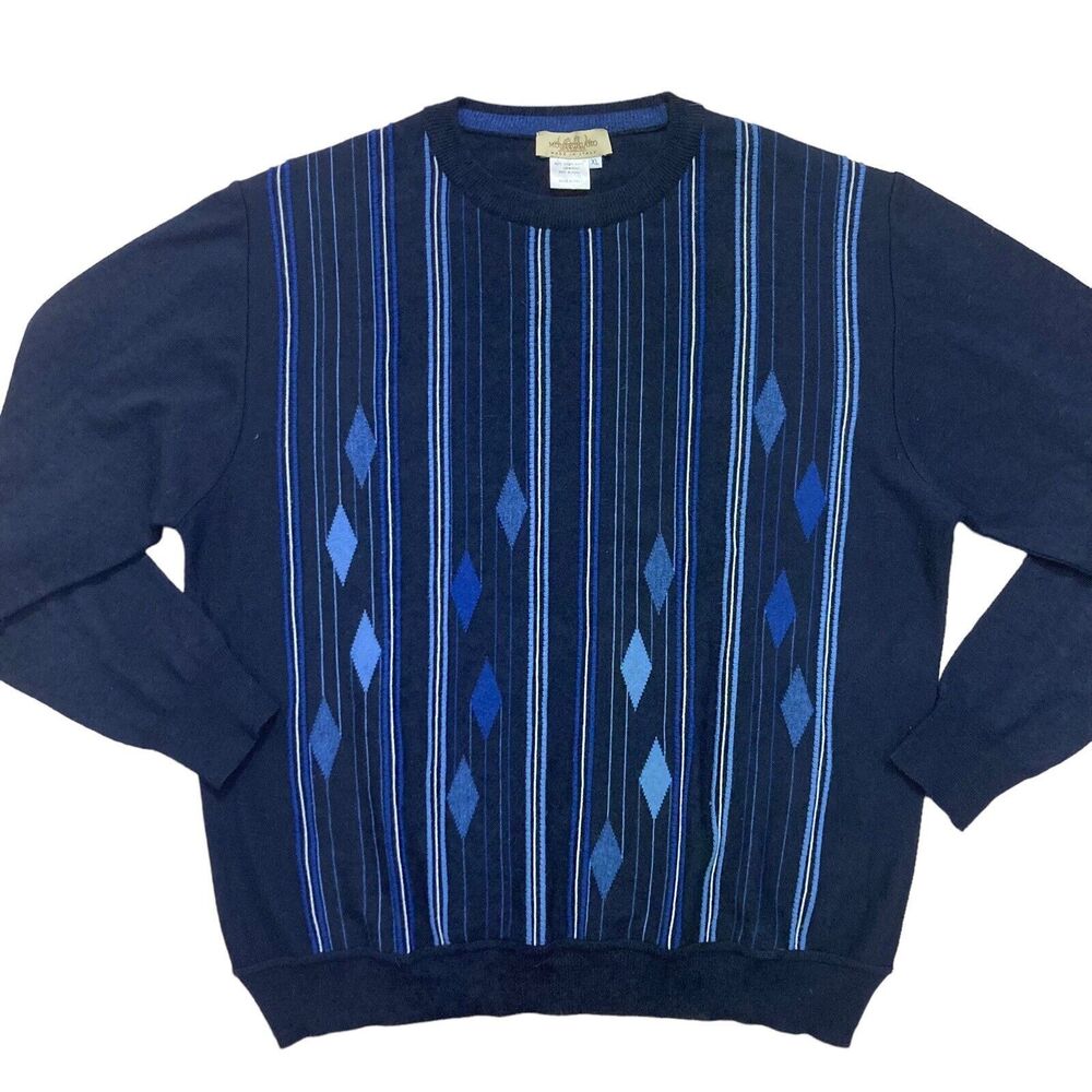 Montechiaro Mens Sz XL Blue Striped Merino Wool Blend Crew Neck Pullover Sweater